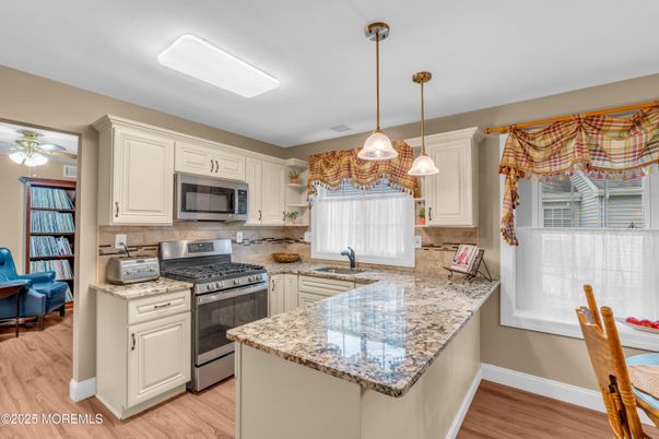 Interior, Kitchen, Pendant Lights, Stainless Steel Appliances, Wood Texture Flooring