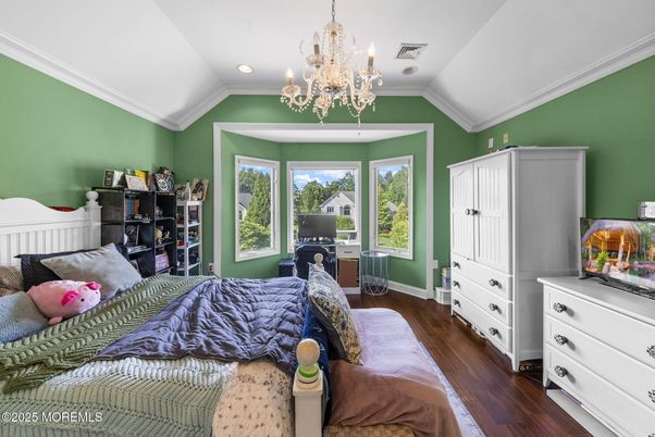 Bedroom, Chandelier, Interior, Recessed Lighting, Wood Texture Flooring