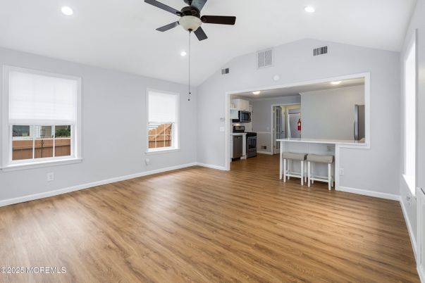 Empty room, Interior, Kitchen, Recessed Lighting, Wood Texture Flooring