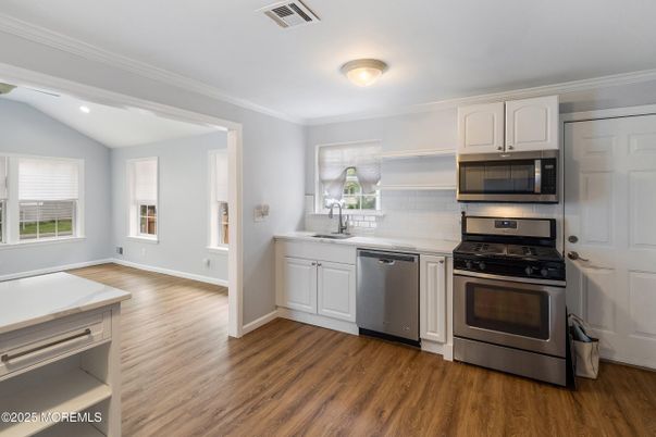 Interior, Kitchen, Recessed Lighting, Stainless Steel Appliances, Wood Texture Flooring
