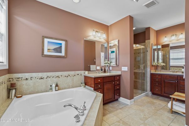 Bathroom, Dual Sink Vanities, Glass Shower, Interior, Recessed Lighting