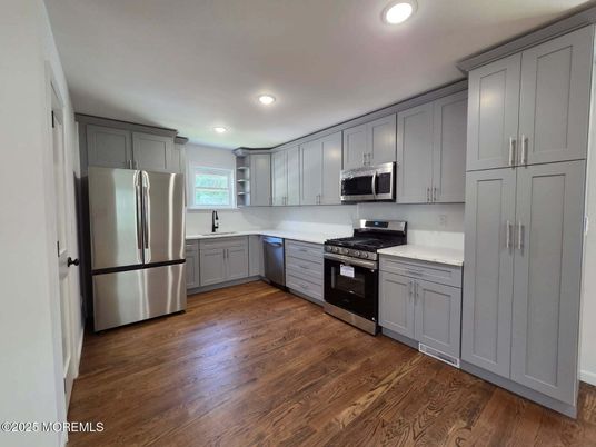 Interior, Kitchen, Recessed Lighting, Stainless Steel Appliances, Wood Texture Flooring
