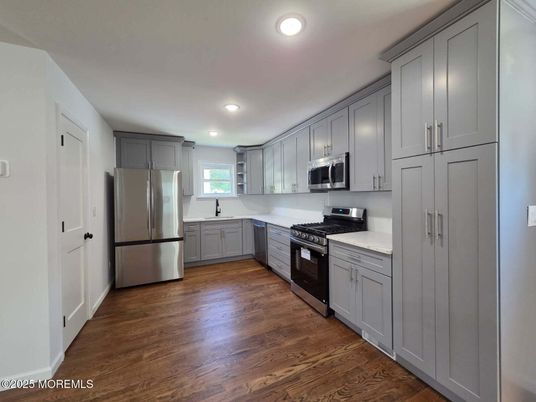 Interior, Kitchen, Recessed Lighting, Stainless Steel Appliances, Wood Texture Flooring