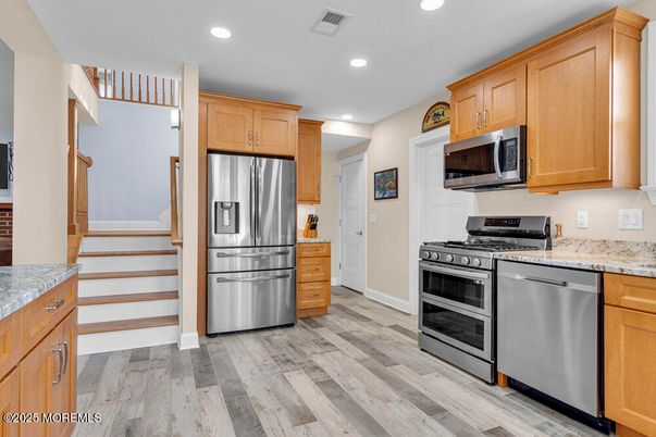 Interior, Kitchen, Recessed Lighting, Stainless Steel Appliances, Wood Texture Flooring