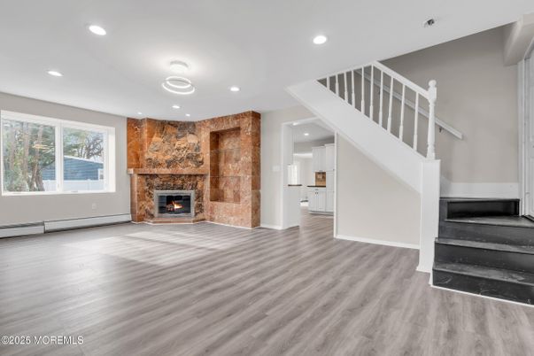 Fireplace, Interior, Recessed Lighting, Wood Texture Flooring