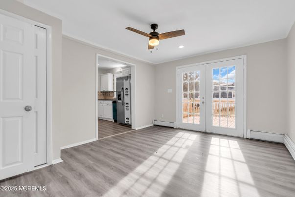 Empty room, Interior, Kitchen, Recessed Lighting, Wood Texture Flooring