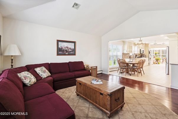 Chandelier, Dining room, Interior, Kitchen, Living room, Recessed Lighting, Wood Texture Flooring