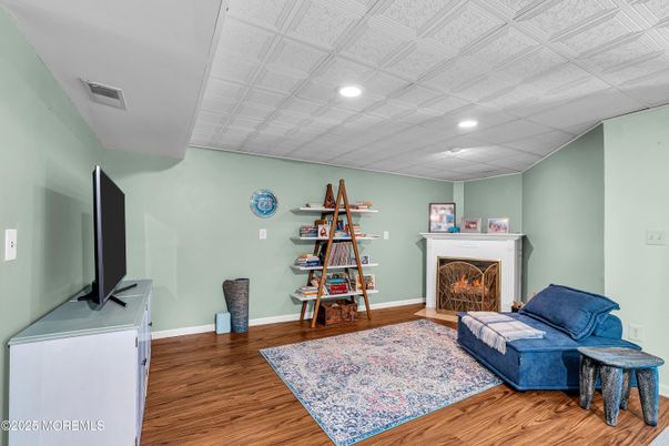 Fireplace, Interior, Recessed Lighting, Wood Texture Flooring