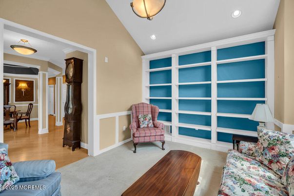Dining room, Interior, Living room, Recessed Lighting, Wood Texture Flooring