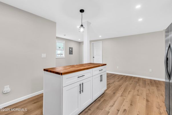 Empty room, Interior, Kitchen, Pendant Lights, Recessed Lighting, Wood Texture Flooring
