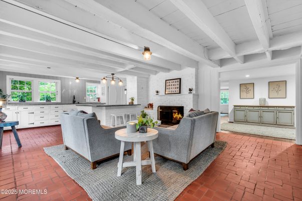 Fireplace, Interior, Living room, Recessed Lighting, Stone Walls