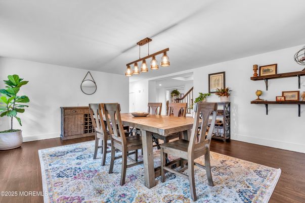 Dining room, Interior, Pendant Lights, Wood Texture Flooring