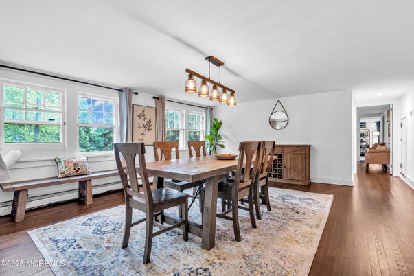 Dining room, Interior, Pendant Lights, Wood Texture Flooring