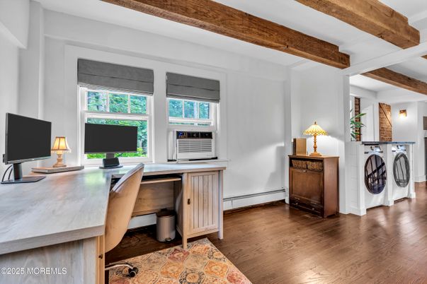 Home Office, Interior, Washer, Wooden Beams, Wood Texture Flooring
