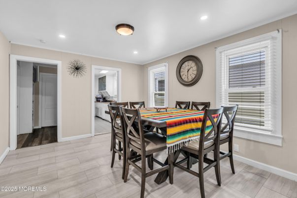 Dining room, Interior, Recessed Lighting, Wood Texture Flooring