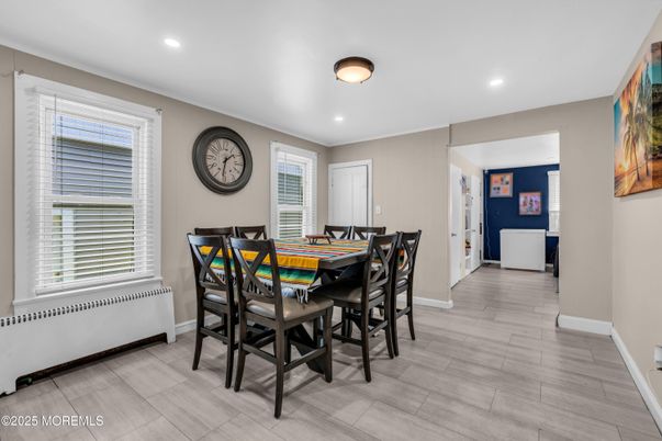 Dining room, Interior, Recessed Lighting, Wood Texture Flooring