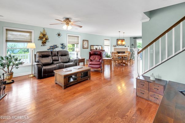 Dining room, Interior, Living room, Pendant Lights, Wood Texture Flooring
