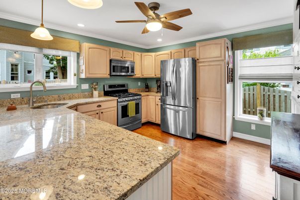 Interior, Kitchen, Pendant Lights, Recessed Lighting, Stainless Steel Appliances, Wood Texture Flooring