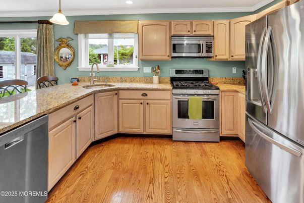 Interior, Kitchen, Pendant Lights, Recessed Lighting, Stainless Steel Appliances, Wood Texture Flooring