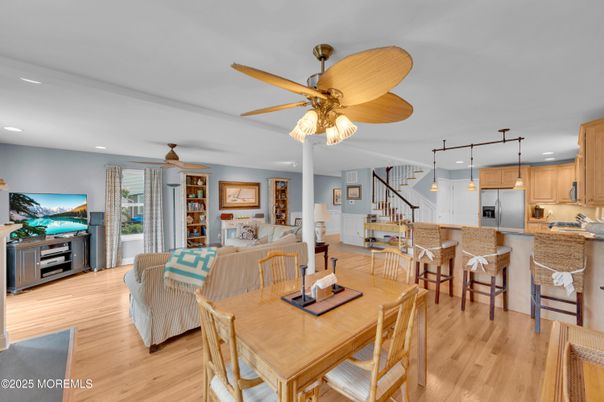 Dining room, Interior, Kitchen, Living room, Pendant Lights, Recessed Lighting, Stainless Steel Appliances, Wood Texture Flooring