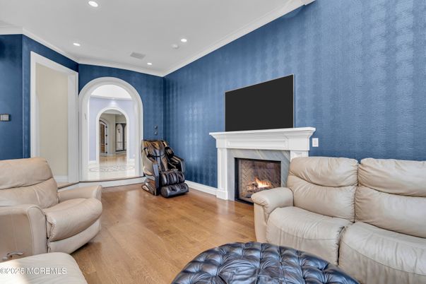 Fireplace, Interior, Living room, Recessed Lighting, Wood Texture Flooring