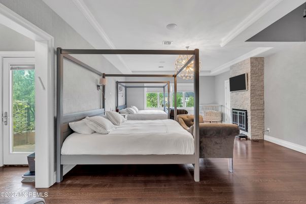 Bedroom, Fireplace, Interior, Stone Walls, Wood Texture Flooring