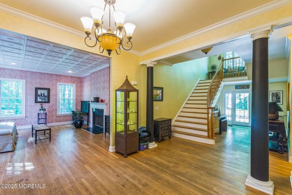 Chandelier, Fireplace, Interior, Recessed Lighting, Wood Texture Flooring