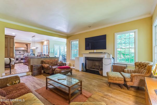 Fireplace, Interior, Kitchen, Living room, Pendant Lights, Wood Texture Flooring