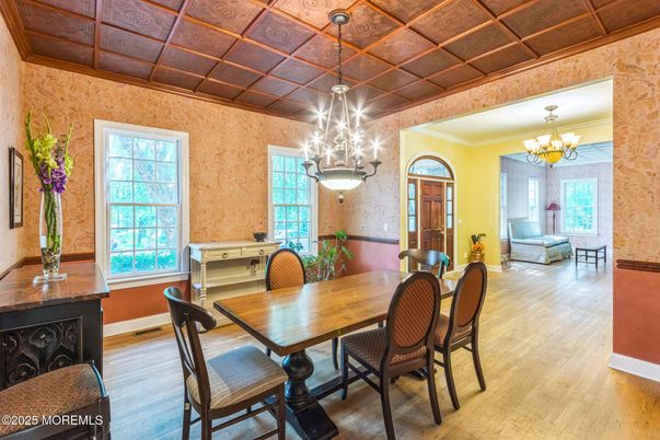 Chandelier, Dining room, Interior, Pendant Lights, Wood Texture Flooring