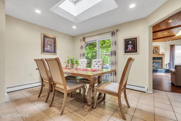 Dining room, Fireplace, Interior, Recessed Lighting, Wood Texture Flooring