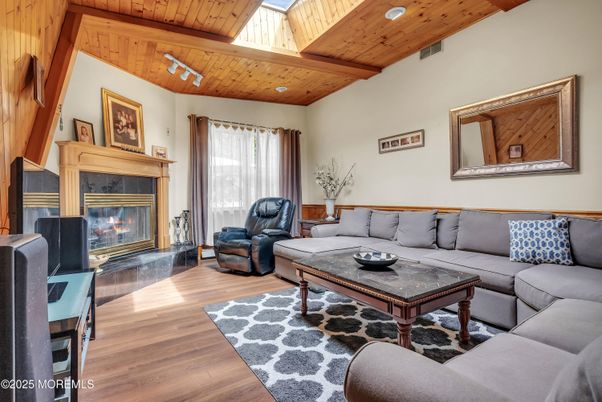 Fireplace, Interior, Living room, Recessed Lighting, Wooden Beams, Wooden Ceilings, Wood Texture Flooring