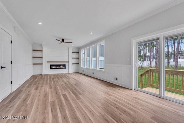 Empty room, Fireplace, Interior, Recessed Lighting, Wood Texture Flooring