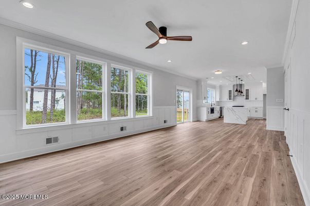 Empty room, Interior, Kitchen, Marble Walls, Recessed Lighting, Wood Texture Flooring