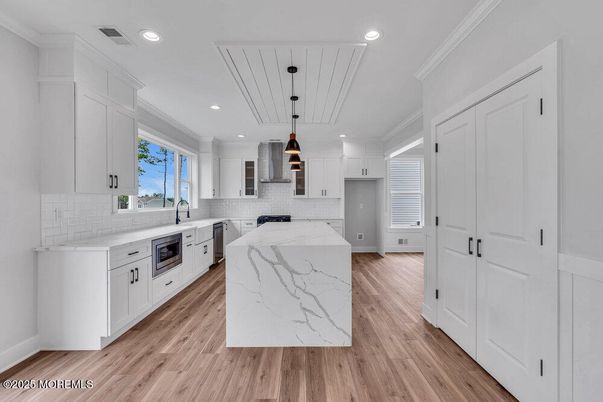 Interior, Kitchen, Pendant Lights, Recessed Lighting, Stainless Steel Appliances, Wood Texture Flooring