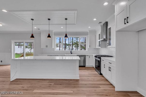 Interior, Kitchen, Pendant Lights, Recessed Lighting, Stainless Steel Appliances, Wood Texture Flooring