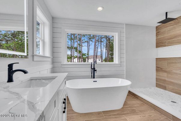 Bathroom, Dual Sink Vanities, Free Standing Baths, Interior, Recessed Lighting, Wood Texture Flooring