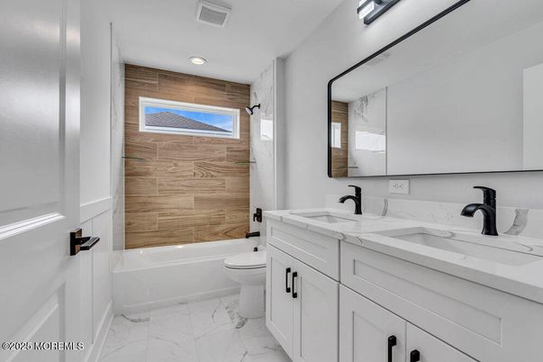 Bathroom, Dual Sink Vanities, Interior, Marble, Recessed Lighting, Wooden Walls