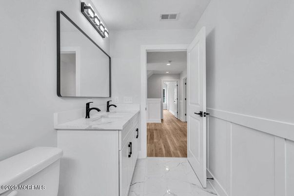 Bathroom, Interior, Marble, Recessed Lighting, Wood Texture Flooring