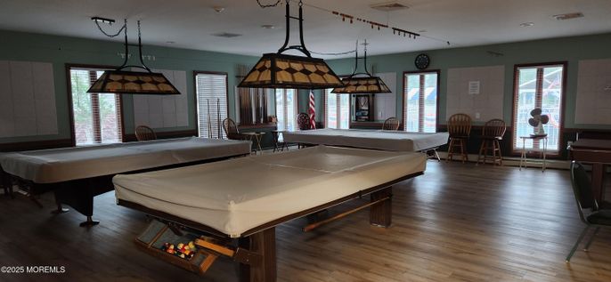 Billiard Table, Game Room, Interior, Pendant Lights, Recessed Lighting, Wood Texture Flooring