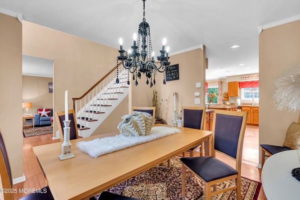 Chandelier, Dining room, Interior, Kitchen, Recessed Lighting, Wood Texture Flooring