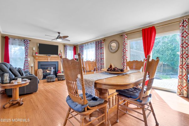 Dining room, Fireplace, Interior, Living room, Wood Texture Flooring