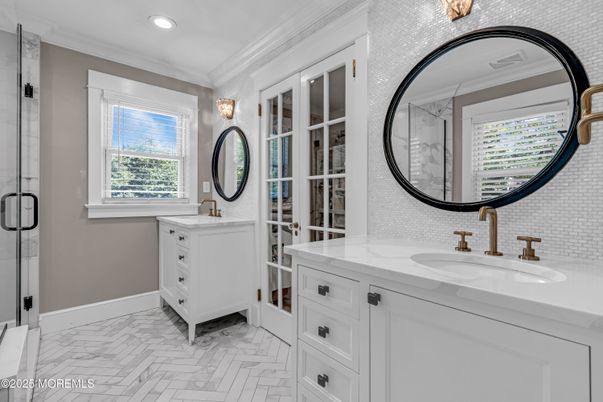 Bathroom, Dual Sink Vanities, Interior, Marble, Recessed Lighting