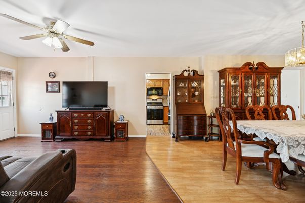 Dining room, Interior, Kitchen, Pendant Lights, Stainless Steel Appliances, Wood Texture Flooring