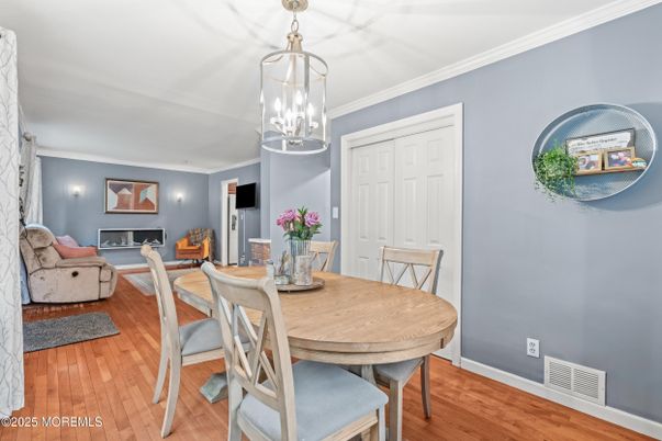 Dining room, Fireplace, Interior, Living room, Pendant Lights, Wood Texture Flooring