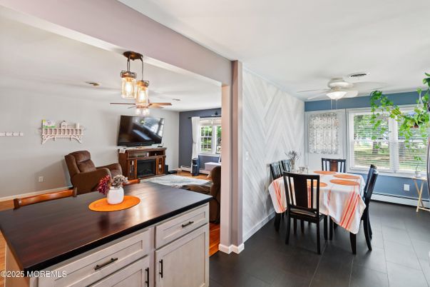 Dining room, Fireplace, Interior, Pendant Lights