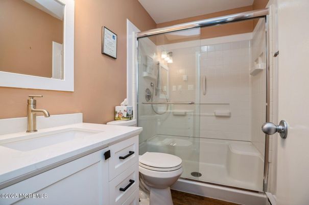 Bathroom, Glass Shower, Interior, Wood Texture Flooring