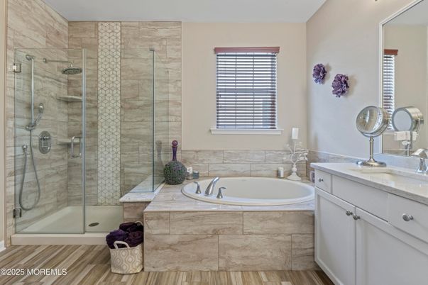 Bathroom, Glass Shower, Interior, Wood Texture Flooring