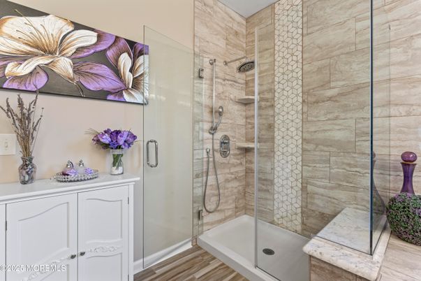 Bathroom, Glass Shower, Interior, Wood Texture Flooring