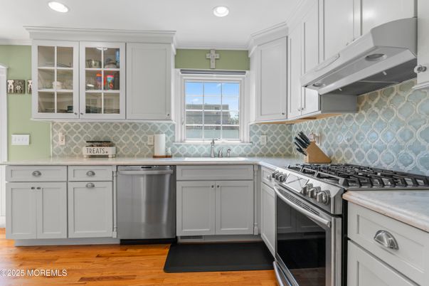 Interior, Kitchen, Recessed Lighting, Stainless Steel Appliances, Wood Texture Flooring