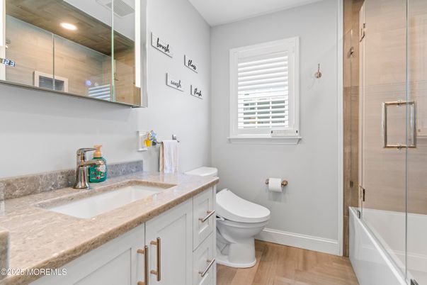 Bathroom, Glass Shower, Interior, Recessed Lighting, Wood Texture Flooring